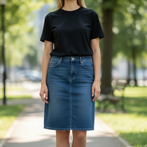 SPANNER Dresses & Skirts - Vintage (10) SPANNER Denim Skirt Above Knee Stitch Detail Pockets Back Pleats